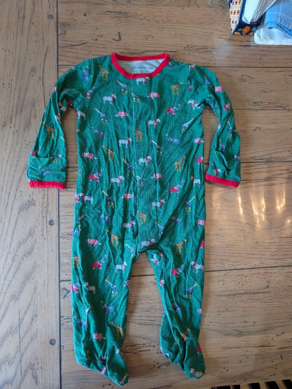 Magnetic Me Green Footed Pajama Set with Red Trim and Holiday Animals